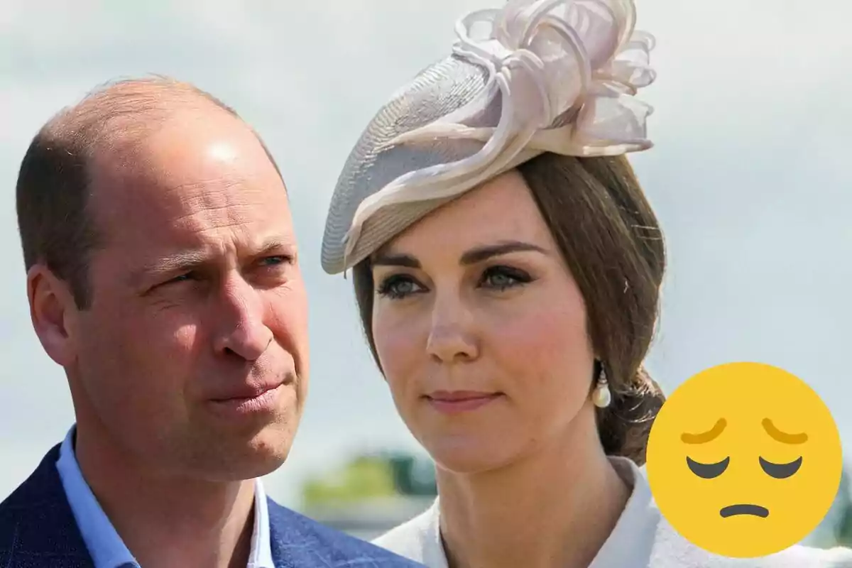 Prince William and Kate Middleton with serious expressions, Kate is wearing a stylish hat and there is a sad face emoji in the bottom right corner.