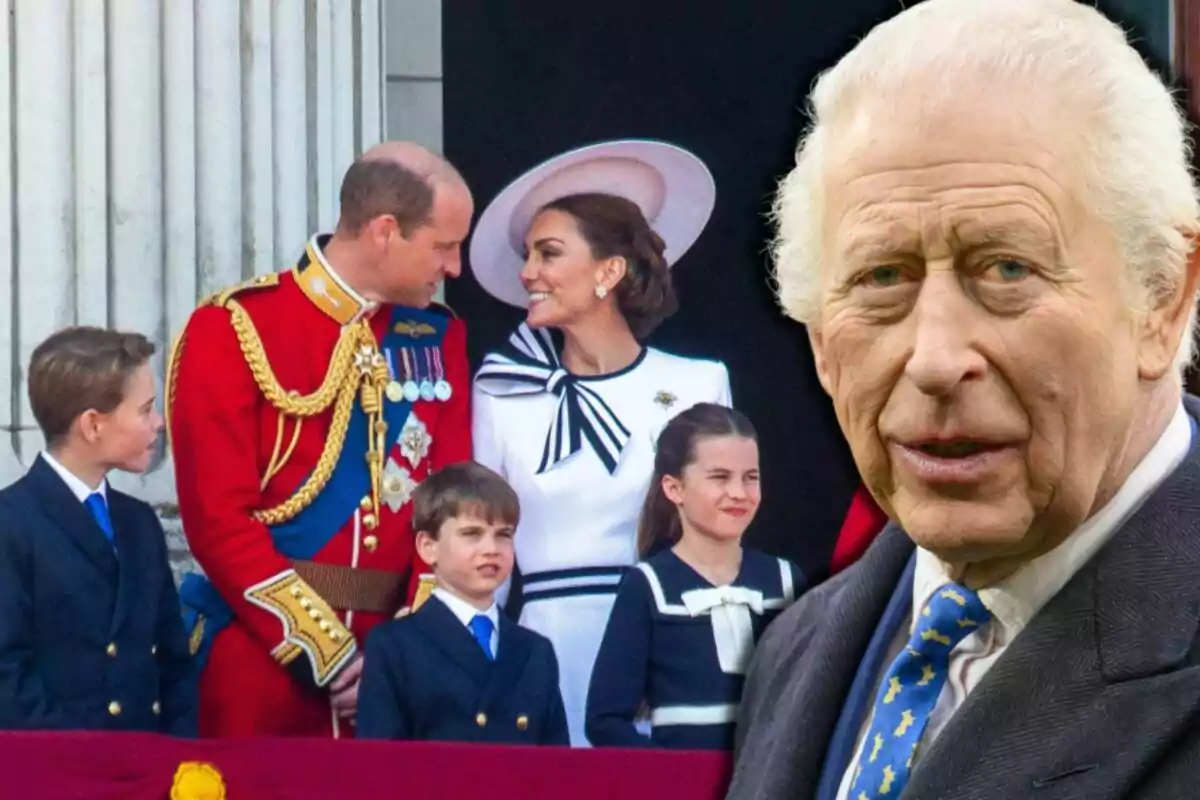 A group of formally dressed people, including Charles III in a red uniform and a woman with a white hat, are standing on a balcony with three children, while an older man is in the foreground. A group of formally dressed people, including Charles III in a red uniform and a woman with a white hat, are standing on a balcony with three children, while an older man is in the foreground.