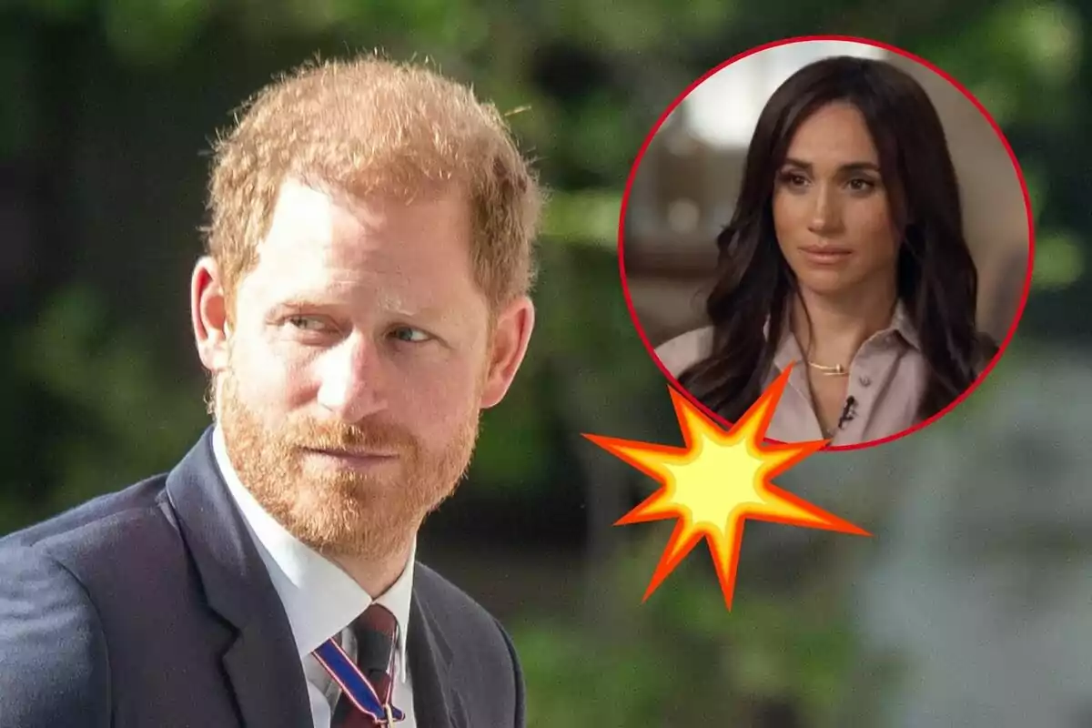 Prince Harry, sporting a red beard and a dark suit, looks to the side, while in the top right corner there is a circle with the image of Meghan Markle, with dark hair and a serious expression, highlighted with a yellow explosion effect.