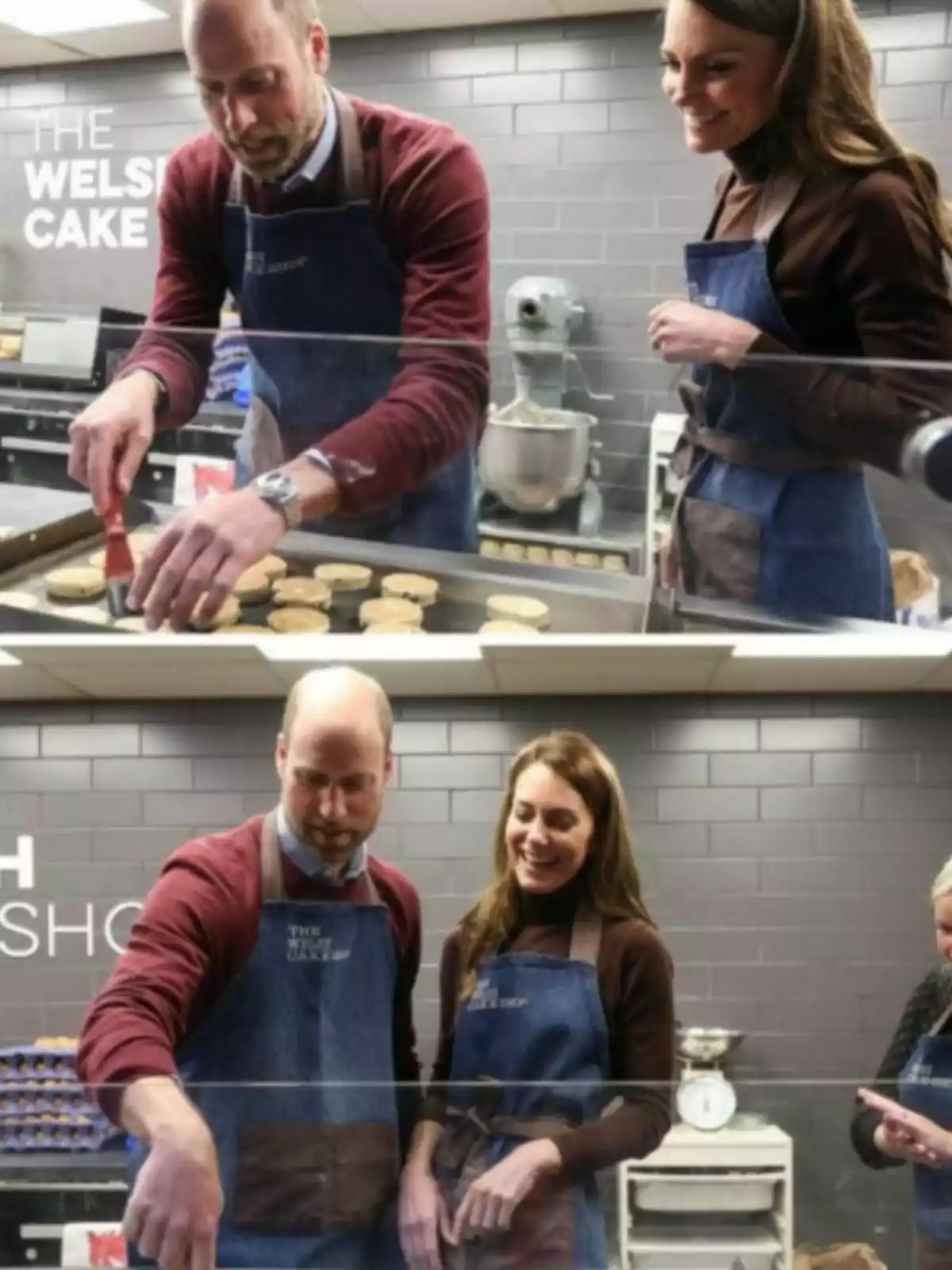 Prince William and Kate Middleton, wearing blue aprons, are in a bakery preparing cookies on a tray, while smiling and chatting.