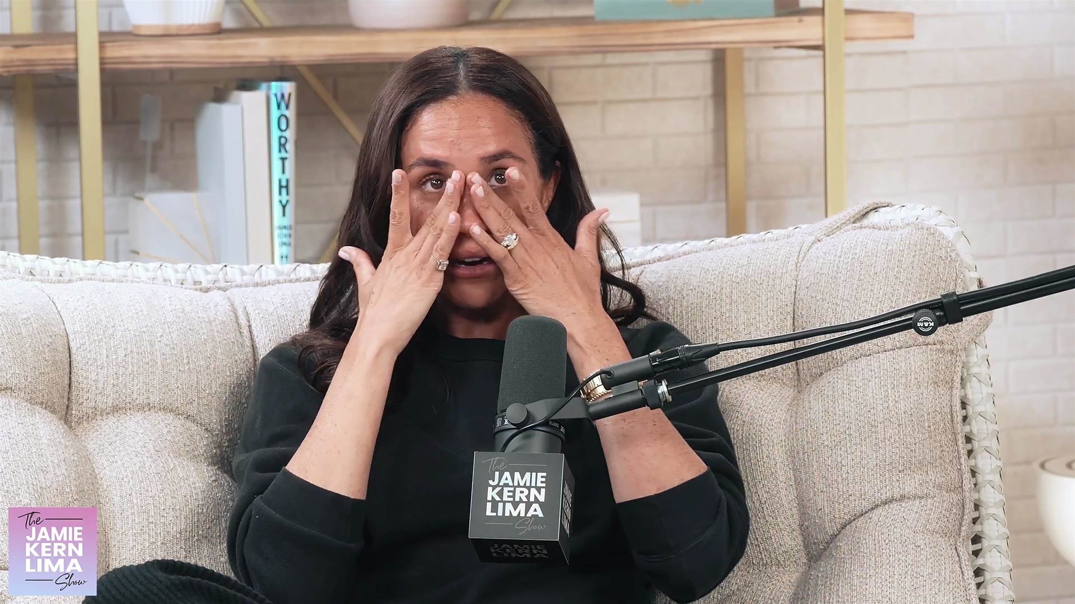 Meghan Markle, Duchess of Sussex, crying during a podcast interview.