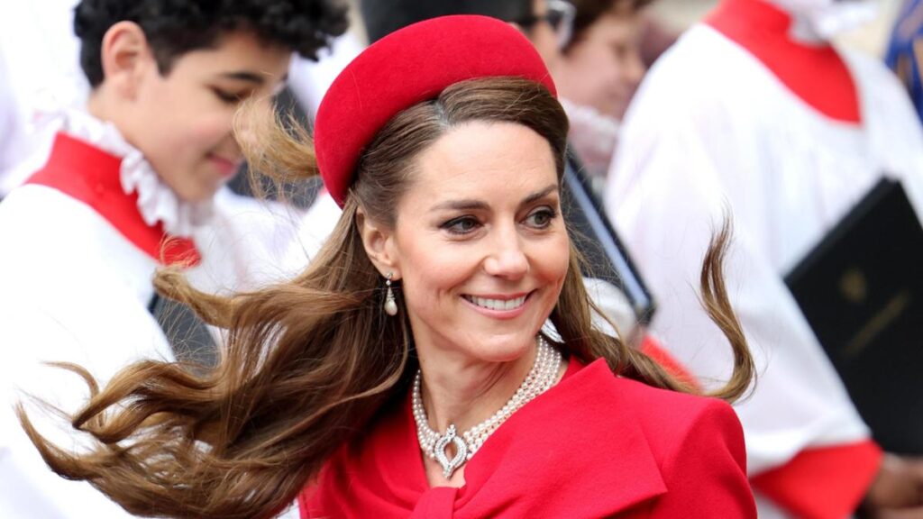 Affectionate Prince William and Kate Middleton smiling and laughing at Westminster Abbey service