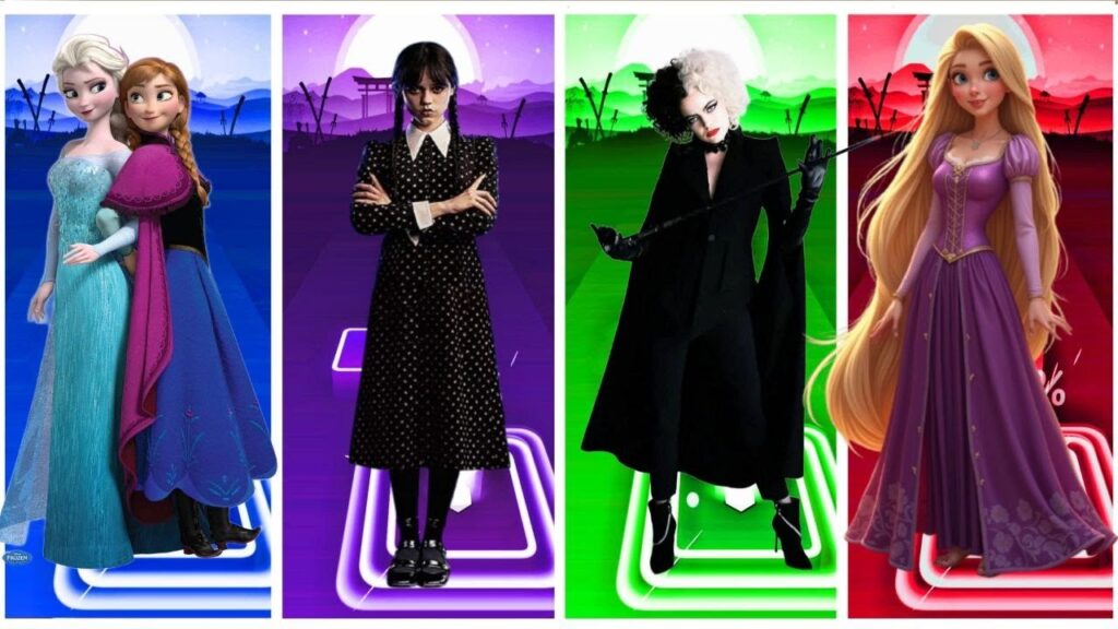Frozen 2 vs Wednesday Addams vs Cruella(Emma Stone) vs Rapunzel - Tiles Hop EDM Rush