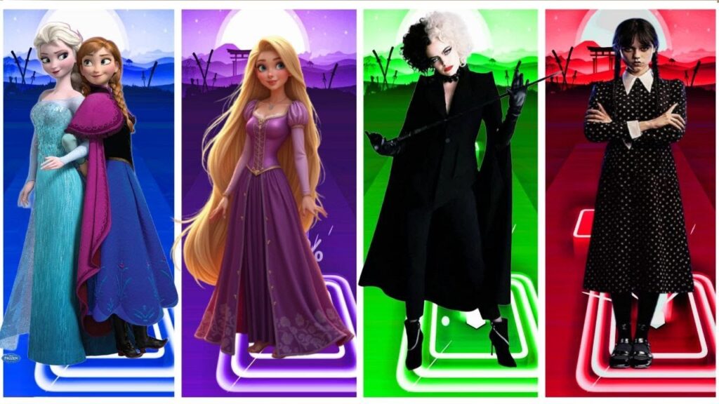 Frozen 2 vs Rapunzel vs Cruella(Emma Stone) vs Wednesday Addams - Tiles Hop EDM Rush