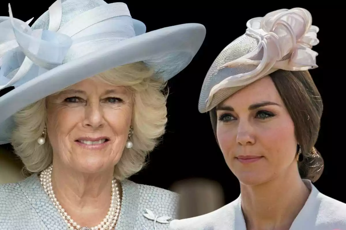 Camila Parker and Kate Middleton wearing elegant hats pose together.