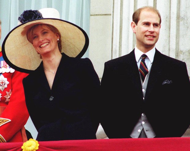 Britain’s Prince Edward and his future wife Sophie Rhys-Jones watch...
