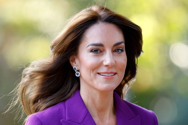 Kate Middleton in purple dress with glowing skin