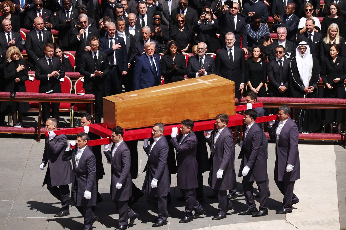 King Felipe VI of Spain, Queen Letizia of Spain, Ecuador's President Daniel Noboa, His Highness  Abu Dhabi's Crown Prince and President of the United Arab Emirates Sheikh Khaled Bin Mohammed Bin Zayed Al Nahyan and Queen Mary Of Denmark at the funeral of Pope Francis.
