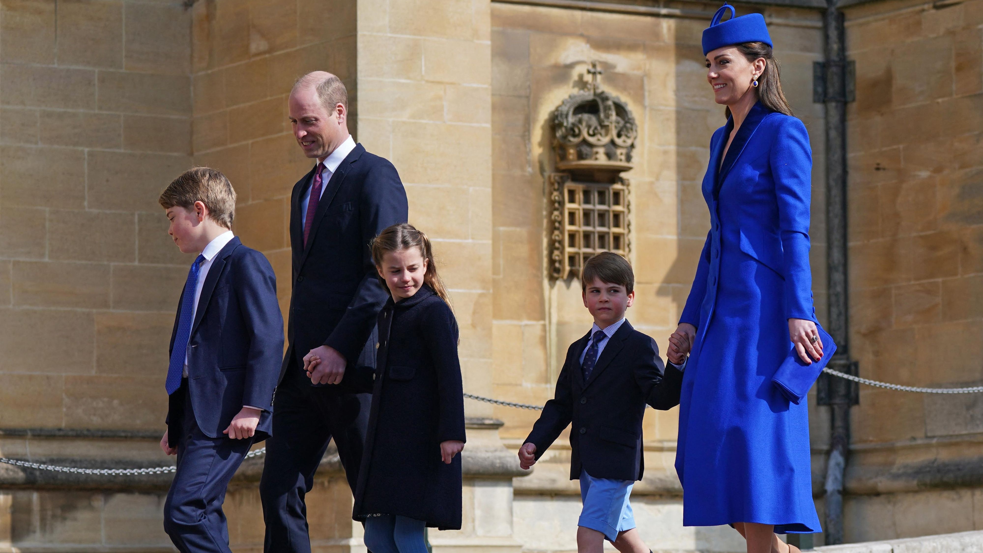 Prince William, Prince George, Catherine, Princess of Wales, Princess Charlotte and Prince Louis arrive for the Easter Mattins Service at St. George's Chapel, Windsor Castle on April 9, 2023