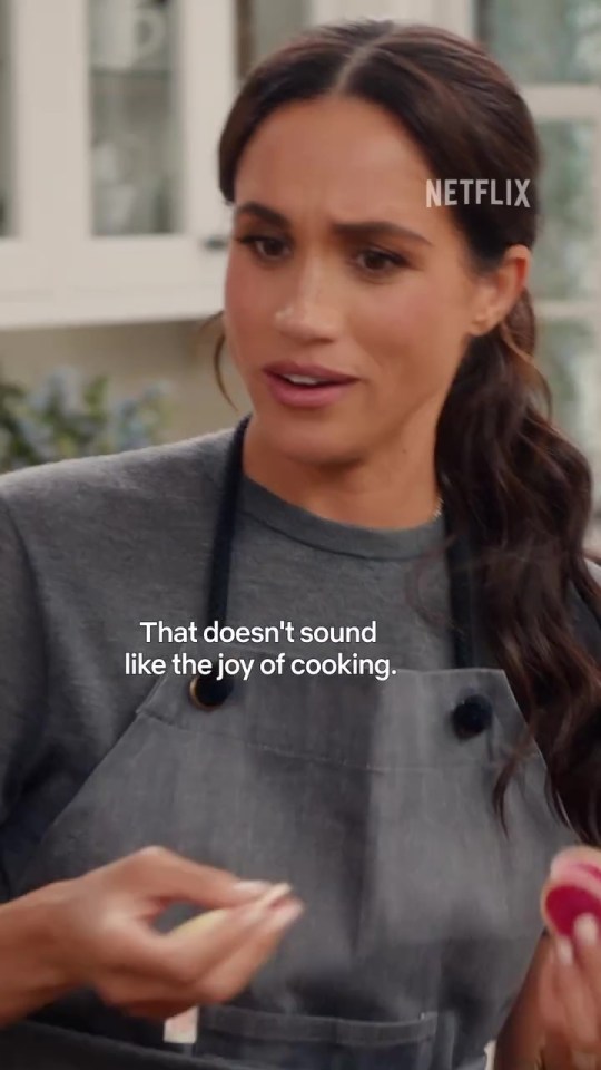 Meghan Markle in a Netflix scene saying, "That doesn't sound like the joy of cooking."