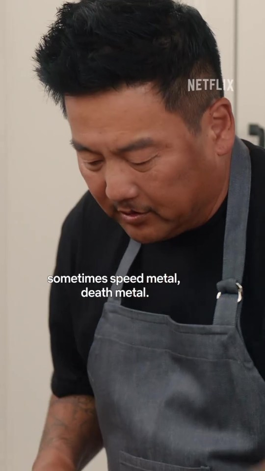 Man in apron says "sometimes speed metal, death metal."