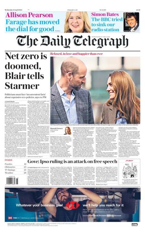 The headline on the front page of The Daily Telegraph reads "net zero is doomed, Blair tells Starmer."