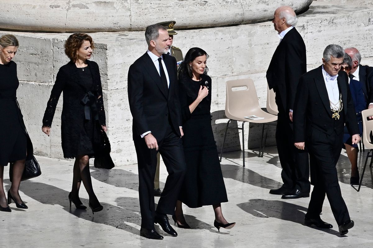 King Felipe VI of Spain and Queen Letizia of Spain arrive at the funeral of Pope Francis in St. Peter's Square on April 26, 2025 in Vatican City, 