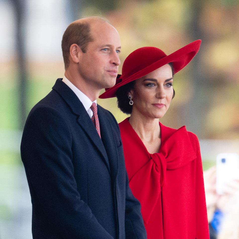 Kate Middleton wears a red dress and a matching hat while Prince William wears a suit, and Prince Andrew leaves church on Easter Sunday 2025.