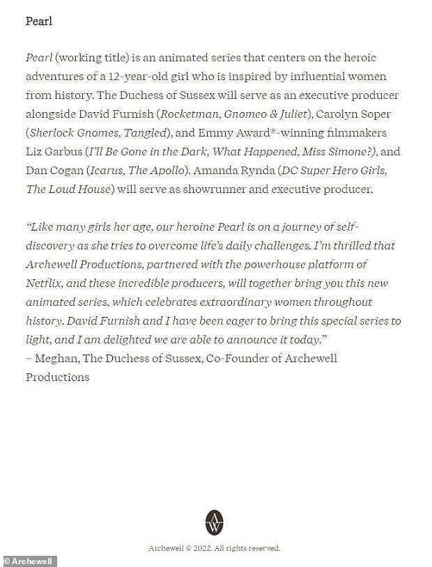 'Like many girls her age, our heroine Pearl is on a journey of self-discovery as she tries to overcome life's daily challenges,' a quote from Meghan promoting her series read