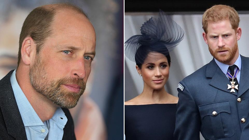 A split side-by-side image of Prince William, Meghan Markle and Prince Harry