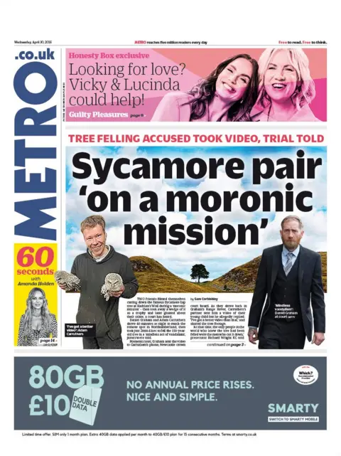 The headline on the front page of Metro reads "Sycamore pair on a moronic mission". 