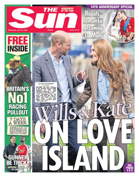 BBC The headline on the front page of The Sun reads "Wills & Kate on love island".