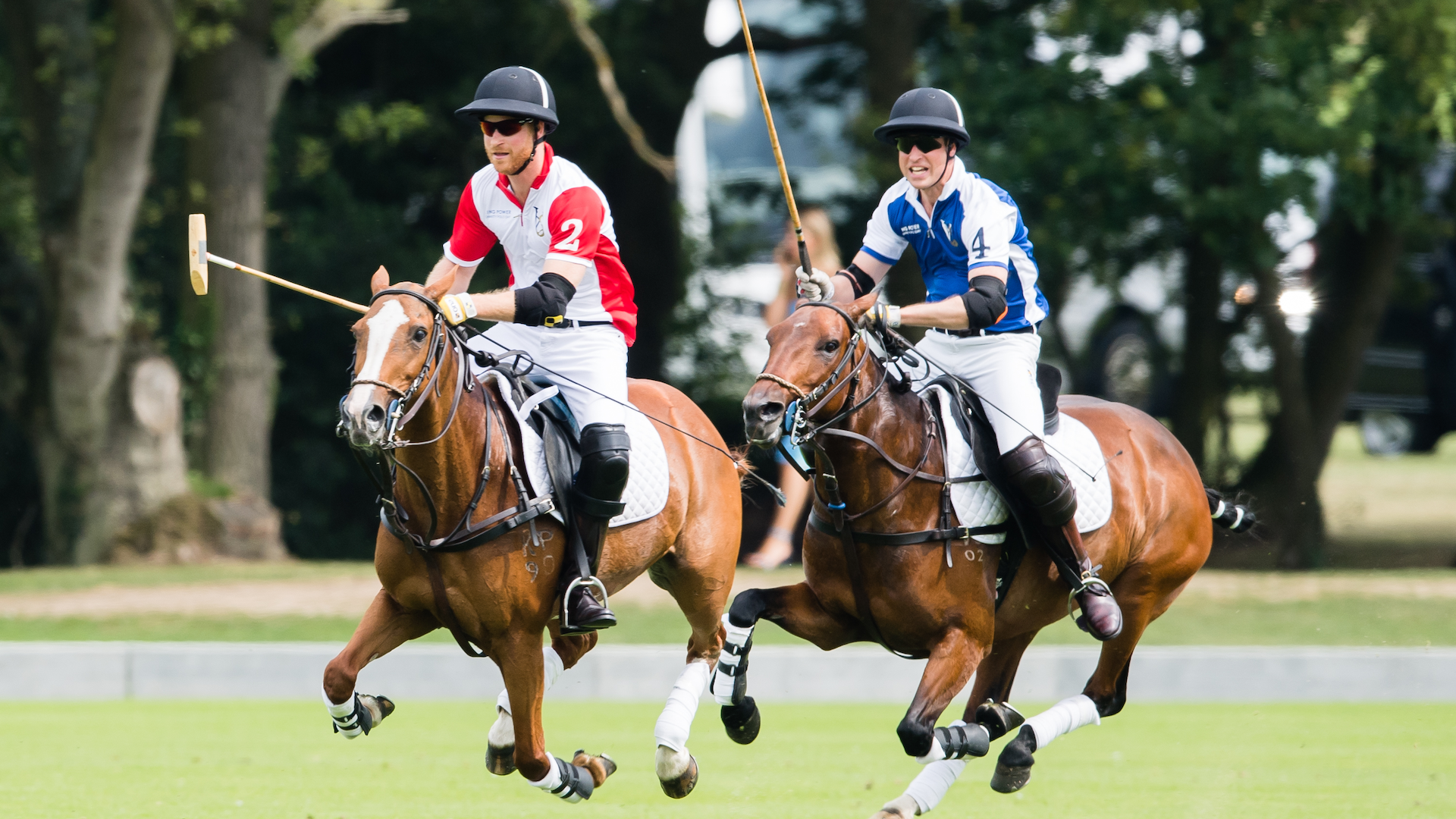 Prince William, Duke of Cambridge and Prince Harry, Duke of Sussex play during The King Power Royal Charity Polo Day at Billingbear Polo Club on July 10, 2019 in Wokingham, England