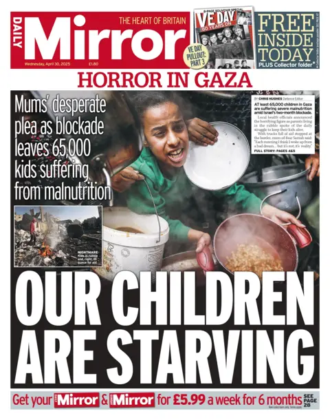The headline on the front page of the Daily Mirror reads "our children are starving". 