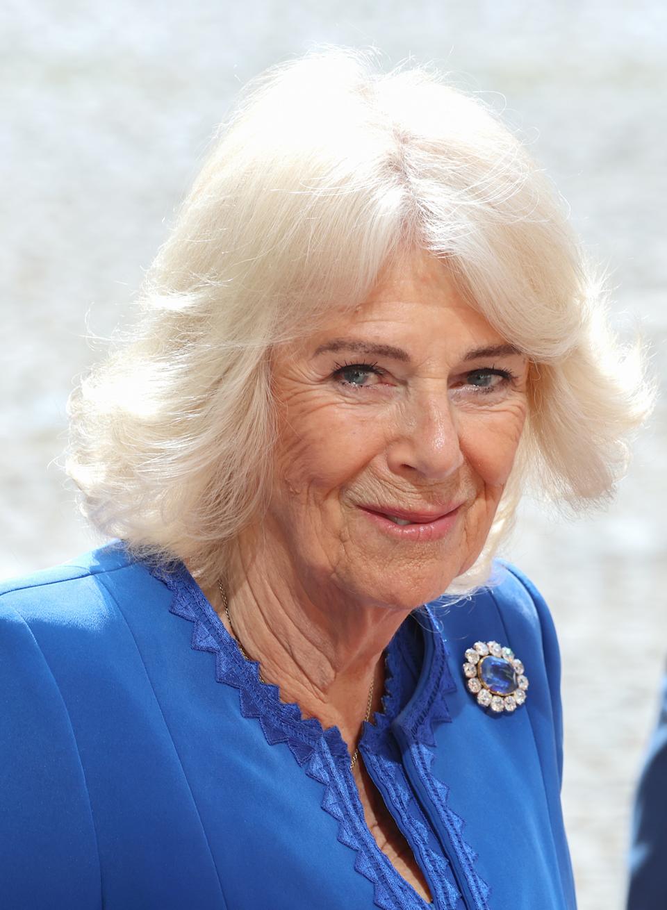 Queen Camilla wearing a blue coat and diamond brooch smiling on April 8, 2025