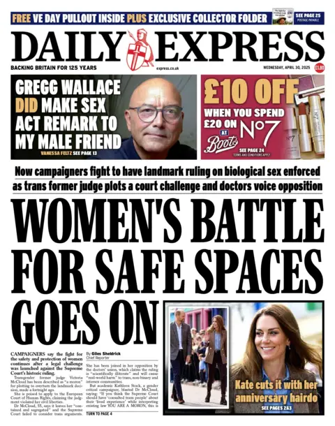 "Women's battle for safe spaces goes on" reads the headline on the front page of the Daily Express.