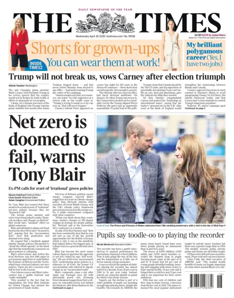 The headline on the front page of The Times reads "net zero is doomed to fail, warns Tony Blair". 
