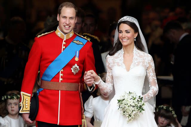<p>Chris Jackson/Getty</p> Prince William, Duke of Cambridge and Catherine, Duchess of Cambridge smile following their marriage at Westminster Abbey on April 29, 2011 in London, England