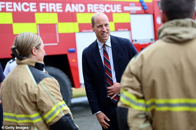 The royal was spotted laughing as he talked to base personnel after the fire response exercise