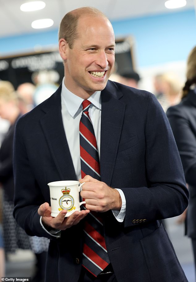 During today's visit, Prince William drank from his own personal mug reading 'HRH Prince of Wales'