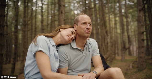 The body language expert said: '[Kate's] nuzzling hug with William on a blanket in a wood shows Kate curled totally into her husband in a pose of total trust and adoration