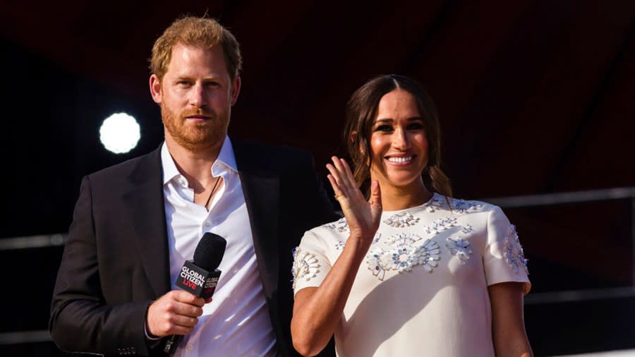FILE – Prince Harry and his wife Meghan speak during the Global Citizen festival, on Sept. 25, 2021 in New York. (AP Photo/Stefan Jeremiah, File)