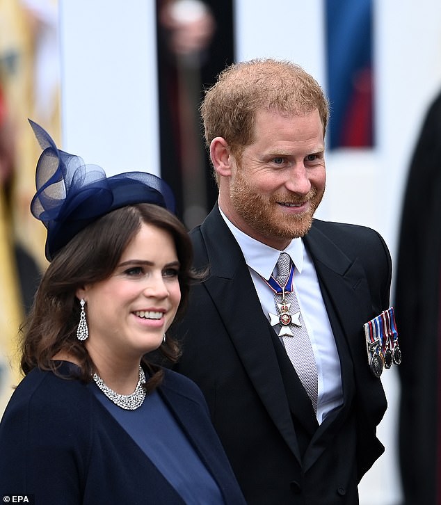 Princess Eugenie and the Duke of Sussex depart after the Coronation of King Charles III and Queen Camilla at Westminster Abbey, in 2023