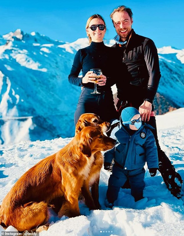 James Middleton shared heartwarming details about his son, including how the toddler once thought he was a dog (Pictured: James Middleton with his son Inigo, wife Alizée Thevenet and two of their dogs on holiday)