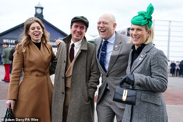 Princess Beatrice (left) with husband Edoardo Mapelli Mozzi, and Mike Tindall and Zara Tindall (right) on day three of the 2024 Cheltenham Festival