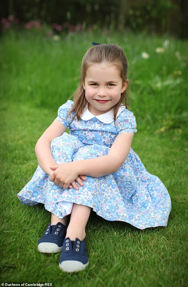For her fourth birthday portrait in 2019, Kate Middleton 's daughter beamed as she posed in a very similar piece from the company, down to the ornate pattern and peter-pan style collar