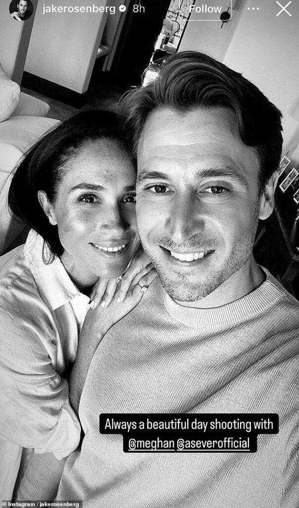 The Duchess of Sussex , 43, was seen posing for a selfie with New York-based fashion cameraman Jake Rosenberg, placing both hands on his shoulder on Saturday
