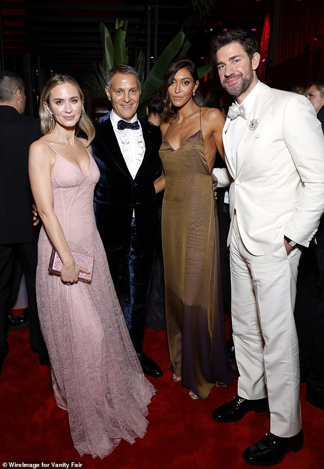 Emanuel and wife Sarah Staudinger pose with Emily Blunt and her husband John Krasinski at the 2024 Vanity Fair Oscars party