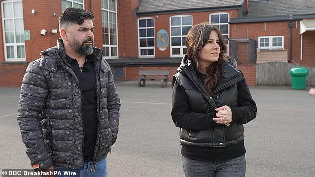 The parents of Alice da Silva Aguiar, Sergio and Alex Aguiar, at the playground at Churchtown Primary School