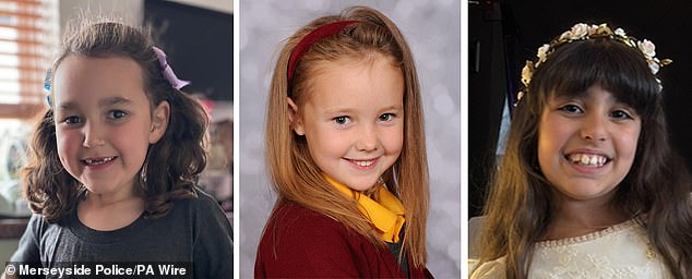 Alice Aguiar, nine, and Bebe King, six, were killed along with seven-year-old Elsie Dot Stancombe in an attack at a Taylor Swift-themed dance class. Pictured L to R: Bebe, Elsie and Alice