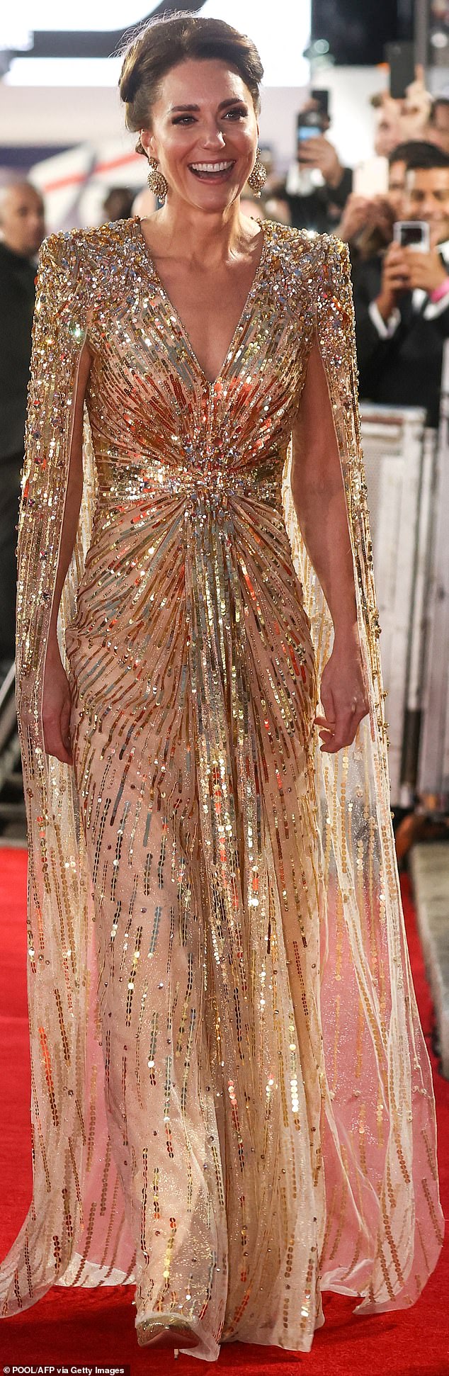 Kate wears a sequin-spangled Jenny Packham gown at the James Bond premiere in 2021