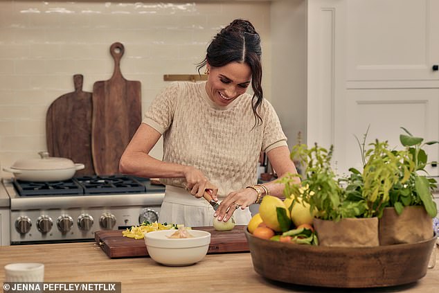 The Duchess of Sussex preparing a meal on her Netflix show With Love, Meghan