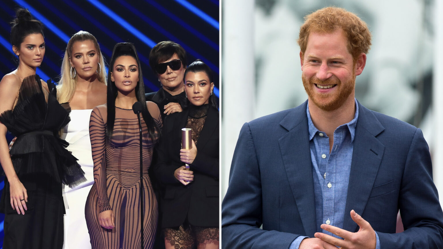 Kendall Jenner, Khloe Kardashian, Kim Kardashian, Kris Jenner, and Kourtney Kardashian onstage, and Prince Harry smiling, whom one of them was almost set up with