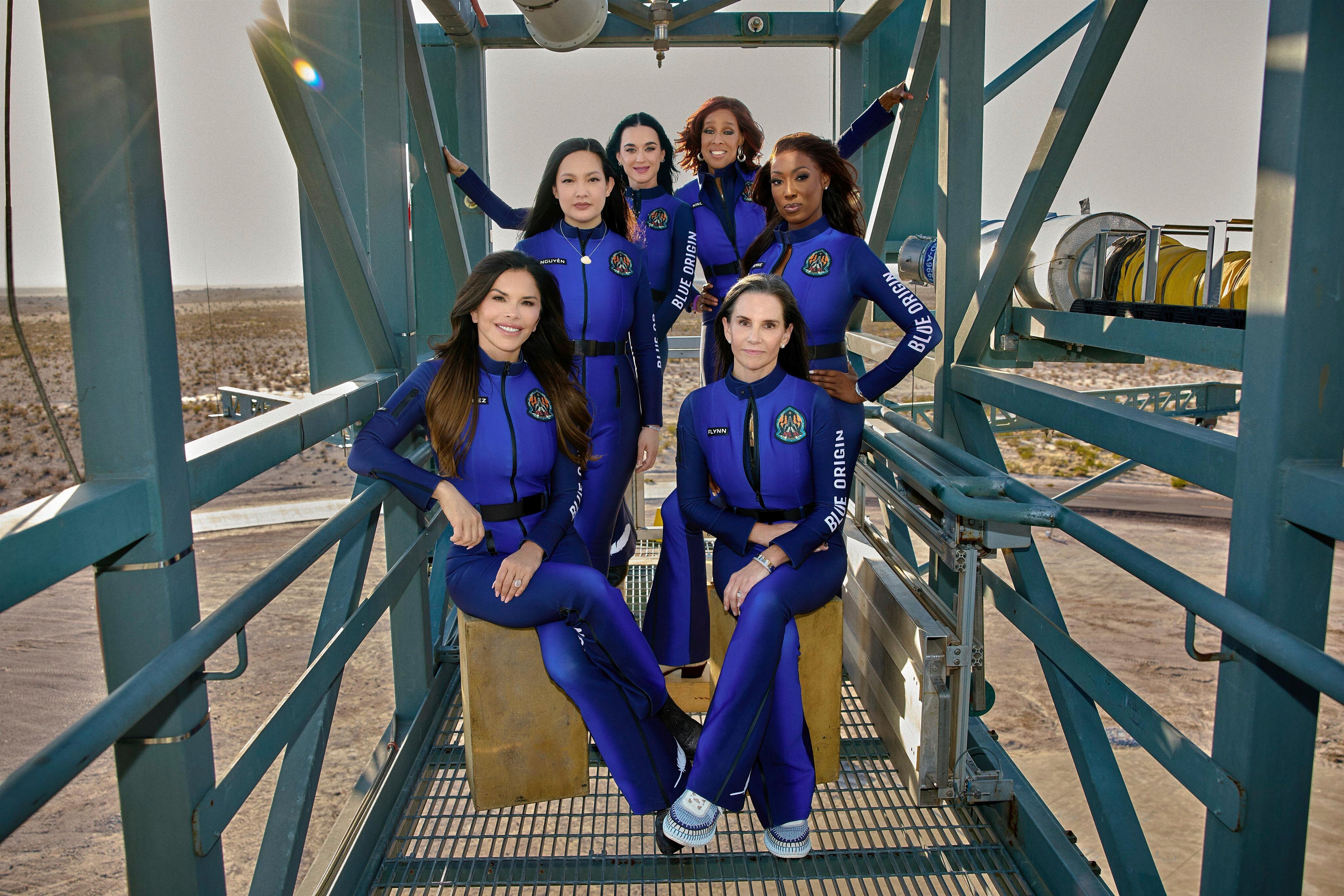 This image provided by Blue Origin shows, first row, seated, from left: Lauren Sanchez and Kerianne Flynn and standing in back from left: Amanda Nguyen, Katy Perry, Gayle King and Aisha Bowe in West Texas. The six women make up the crew of the company’s NS-31 mission