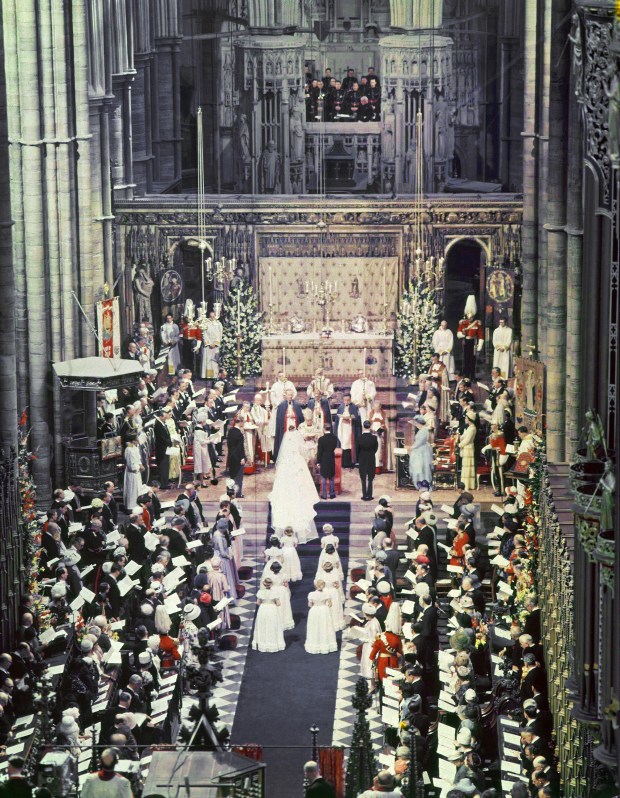 Princess Margaret facing altar with Anthony Armstrong Jones during marriage...