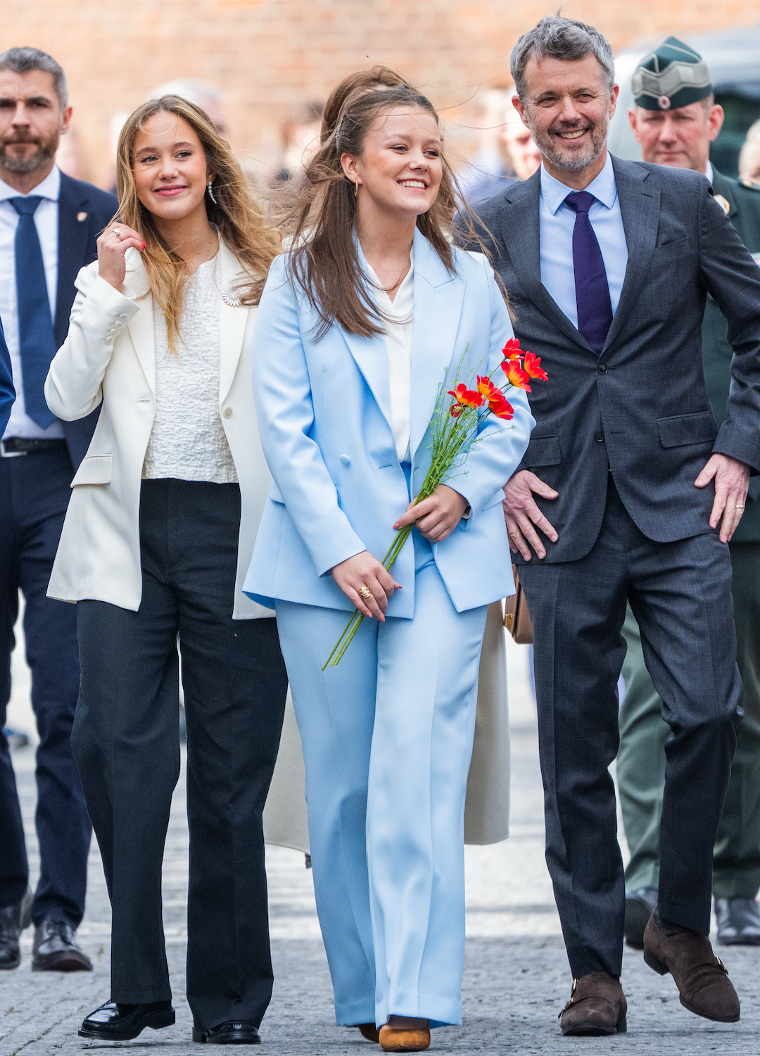 Prince Vincent of Denmark, Princess Josephine of Denmark, Queen Mary of Denmark, Princess Isabella of Denmark and King Frederik X of Denmark arrive at Aarhus City Hall to mark Princess Isabella's 18th birthday on April 11, 2025 in Aarhus, Denmark