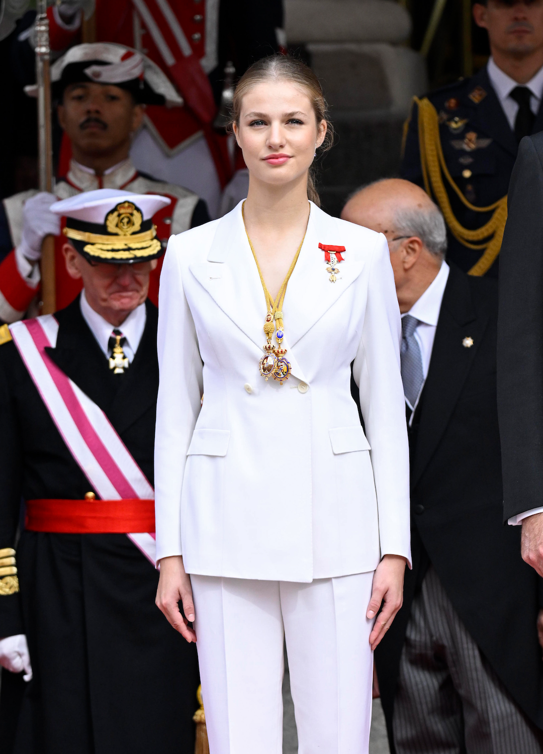 Crown Princess Leonor of Spain watches a military parade after the ceremony of Crown Princess Leonor swearing allegiance to the Spanish constitution at the Spanish Parliament on the day of her 18th birthday on October 31, 2023 in Madrid, Spain