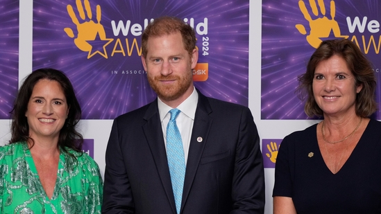 Sally Jackson Senior Vice President, Global Communications and CEO Office of GSK, Britain's Prince Harry and Sally Beck from Royal Lancaster Hotel, from left, pose for photographers before they attend the WellChild Awards ceremony in London, Monday, Sept. 30, 2024. The event celebrates inspirational young people living with serious illnesses.(AP)