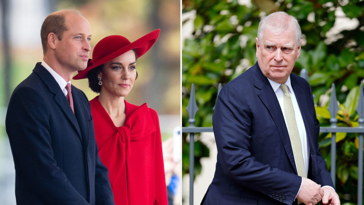 Kate Middleton wears a red dress and a matching hat while Prince William wears a suit, and Prince Andrew leaves church on Easter Sunday 2025