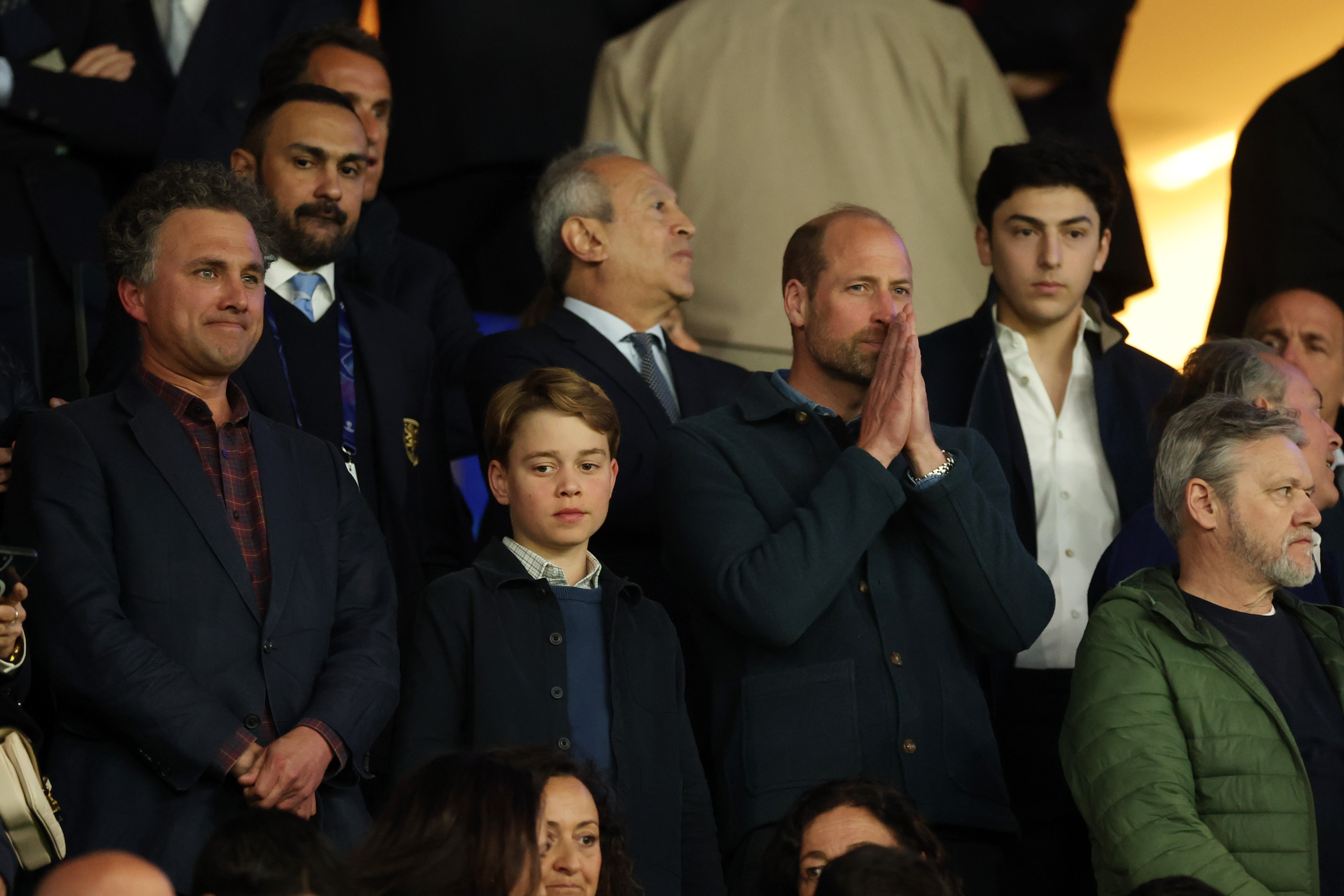 Prince George and Prince William in the audience at the Aston Villa match in Paris on April 9, 2025